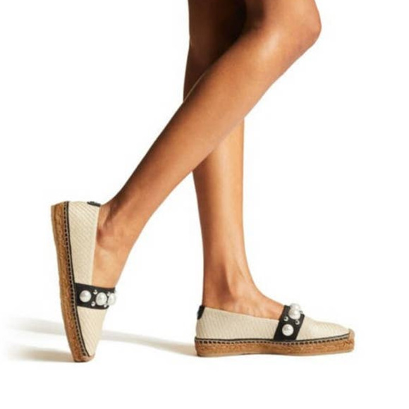 Jimmy Choo Dru Espadrilles Raffia Flats with Pearls in Natural/Black Size 37 - Picture 3 of 16